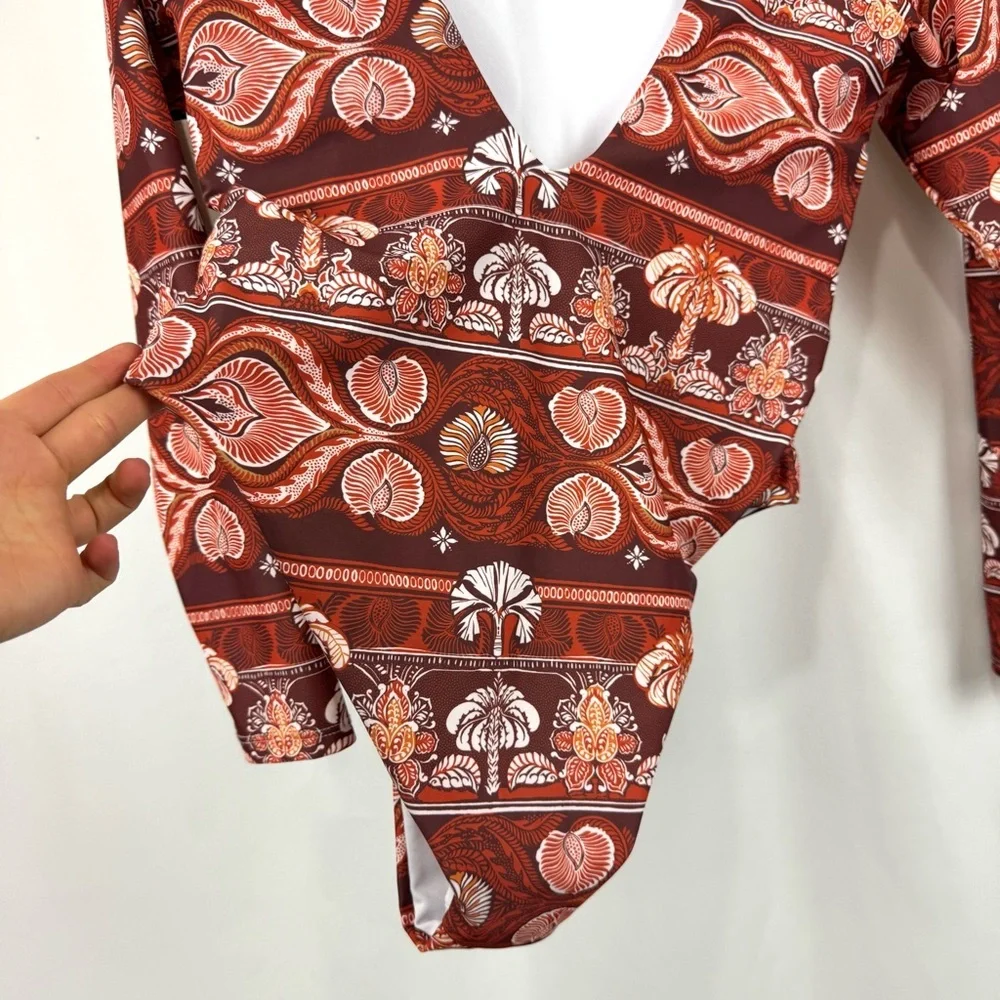 NWT Phax Sz M One Piece Printed Swimsuit Front Twist Stretch Long Sleeve Orange